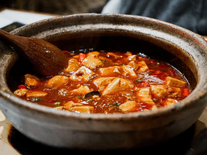 Tofu i en rød tomatgryde med peberfrugt, serveret i en rustik lerpotte med træske